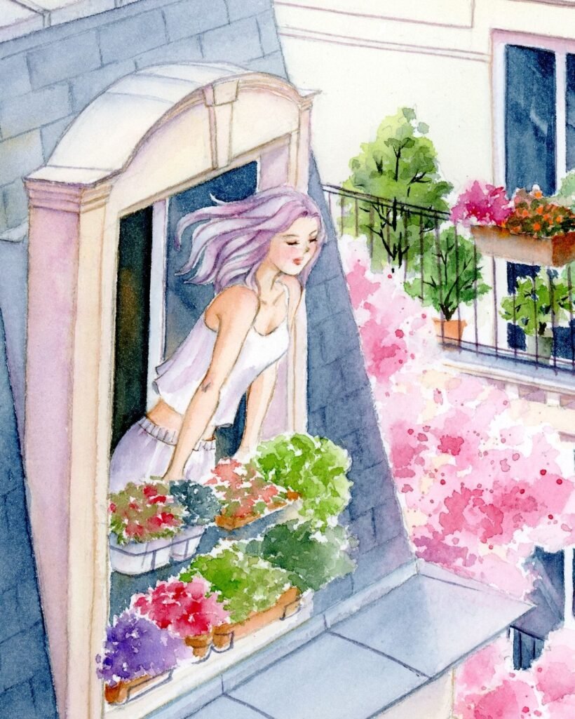 Spring in Paris - Watercolour illustration - Tiny Pochi - closeup
