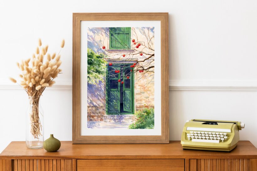 Picture frame mockup on a wooden sideboard table by a typewriter