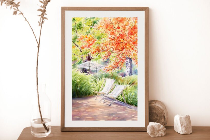 Blank wooden picture frame mockup against a white wall